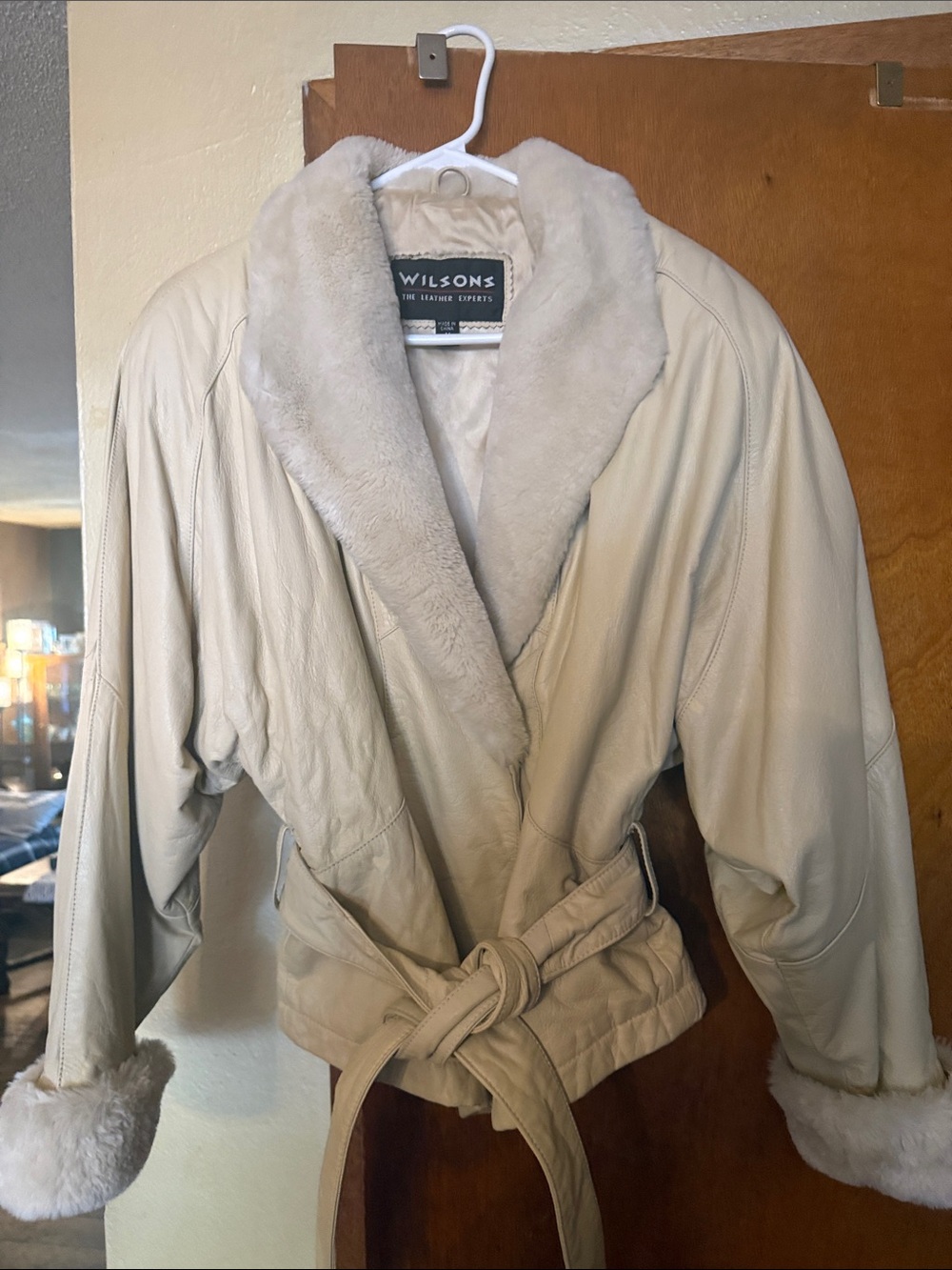 Wilson Cream Leather Shearling-Trim Belted Jacket